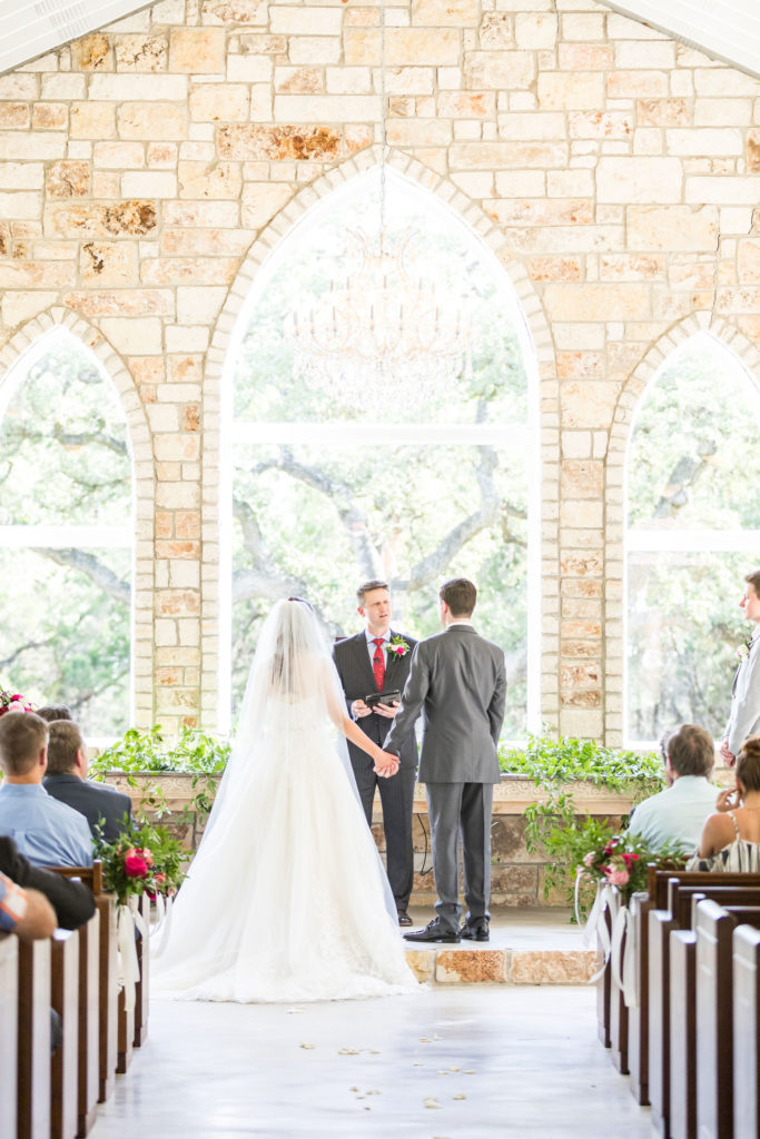 Berry and Burgundy themed summer wedding at Chandelier of Gruene in New Braunfels, Texas with planning by Touch of Whimsy. Photography by Dawn Elizabeth Studios.